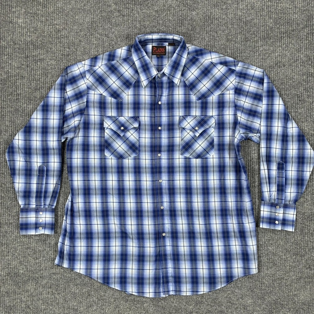 Vintage Plains Western Wear Pearl Snap Shirt Mens XL Blue Plaid Cowboy Ranch